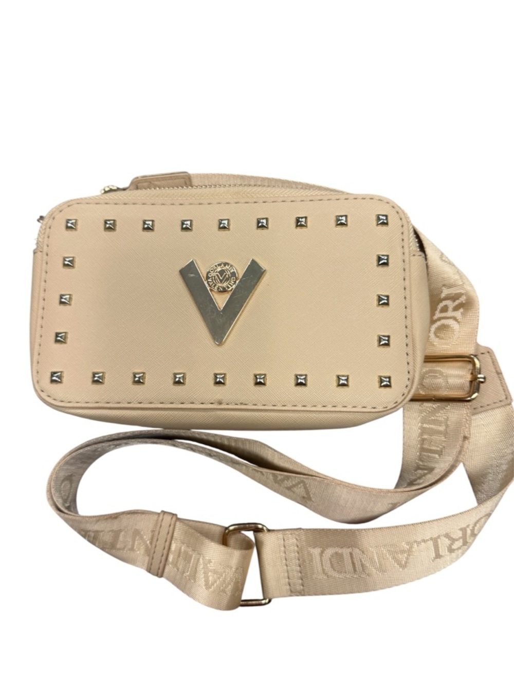 Valentino Orlandi studded Crossbody beige camera bag with logo guitar strap.